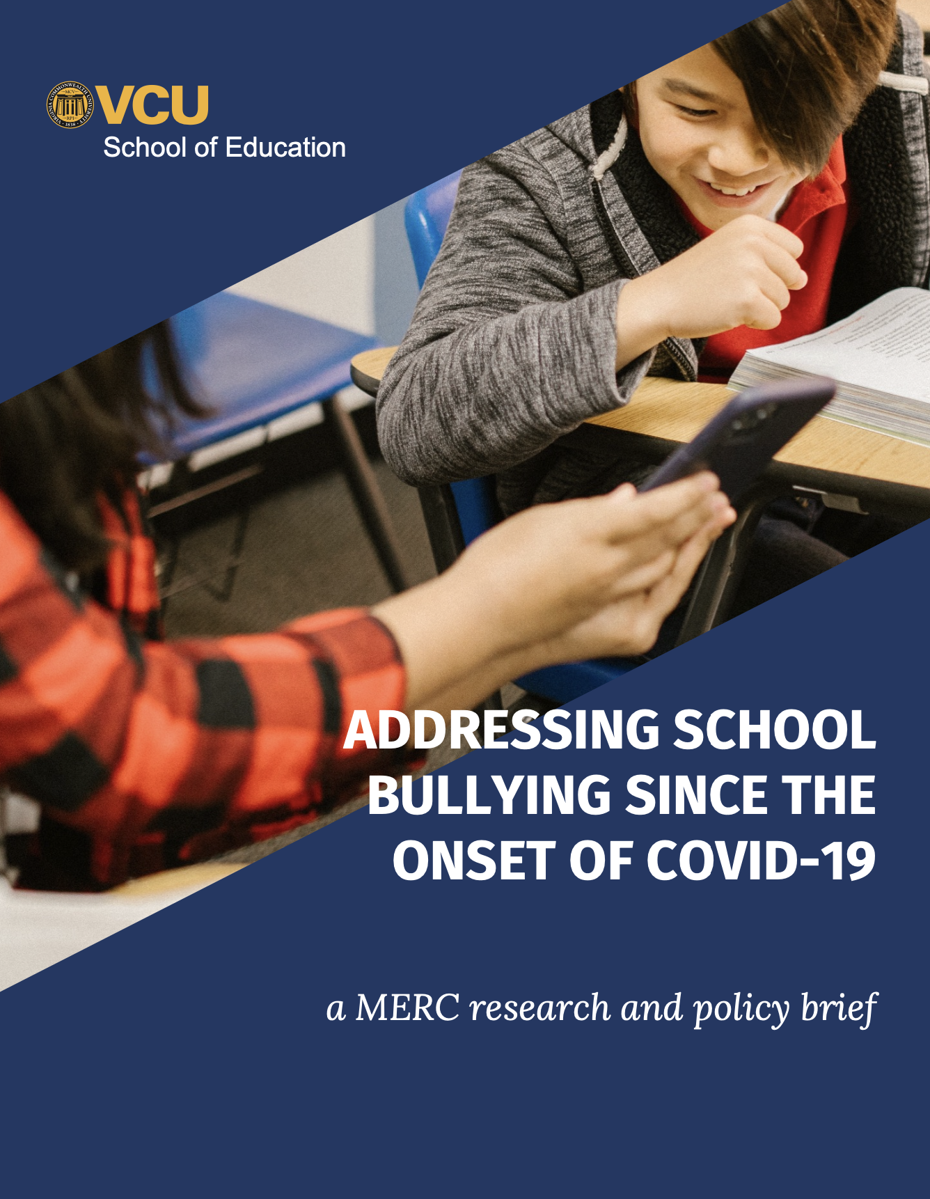A blue cover for a research brief about school bullying showing students laughing at an image on a cell phone